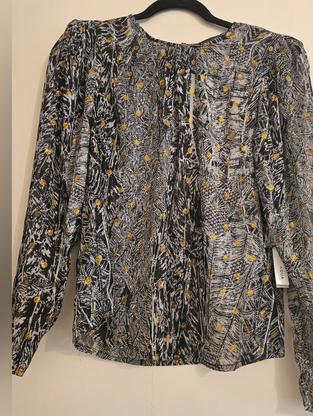 Aqua See Through Black & White Patterned Blouse with Gold Dot Accents